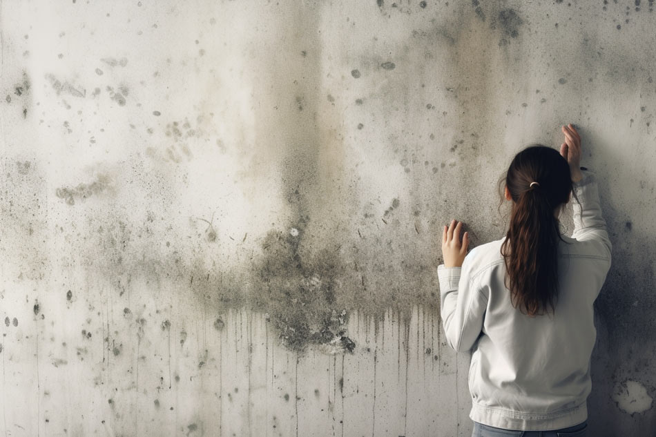 Concerned woman inspecting mold on her home wall