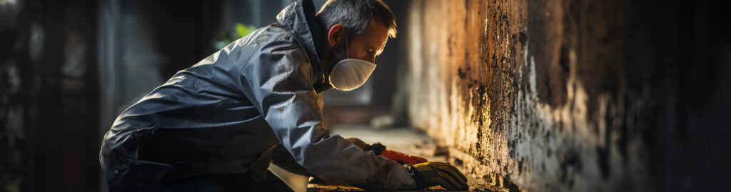 Mold inspector wearing mask while examining mold on basement floor in Atlanta, Georgia