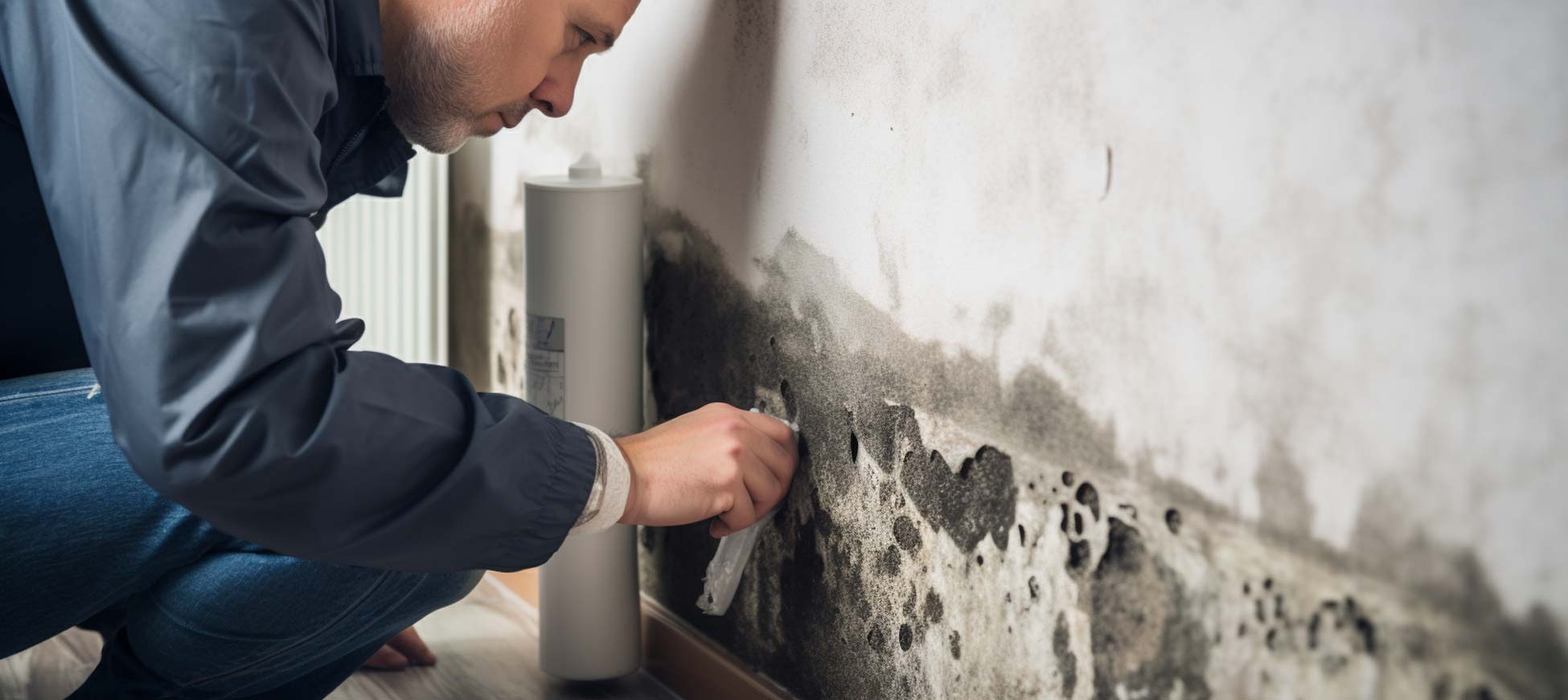 Clymore Mold technician assessing mold damage inside an Atlanta residential home.