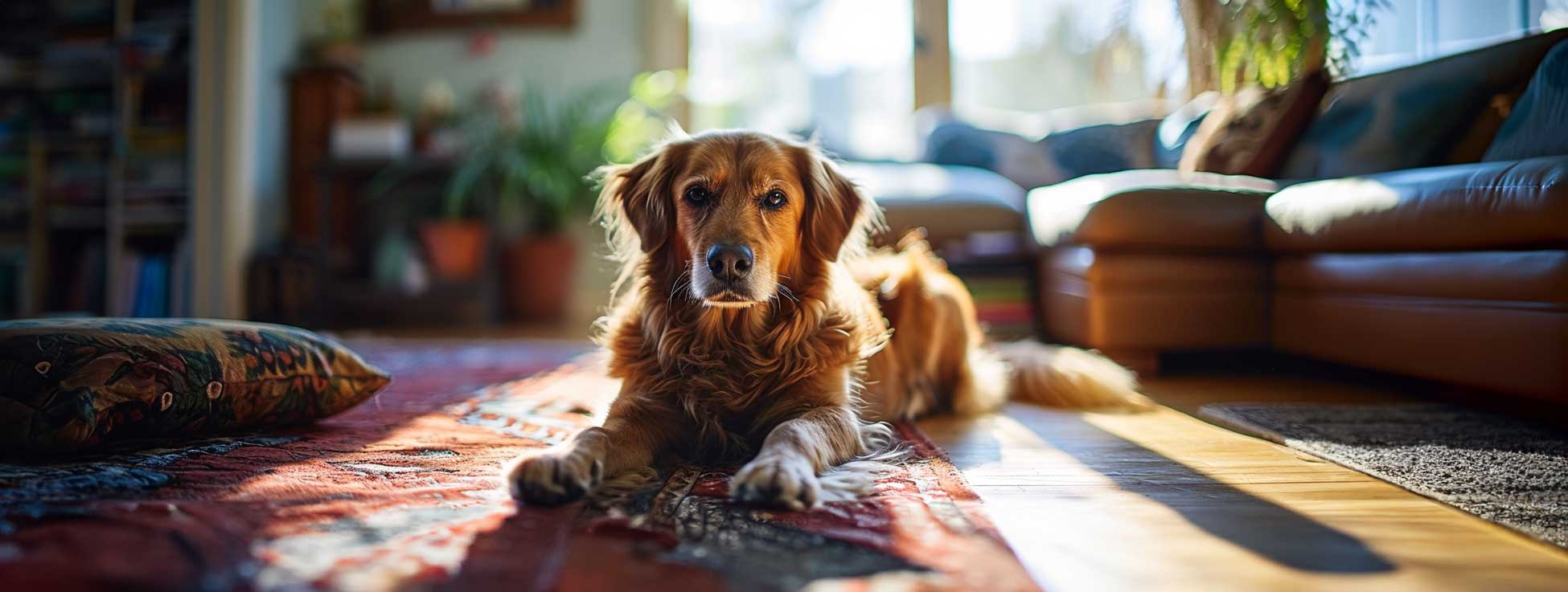 Dog lying on a clean carpet in a mold-free home.