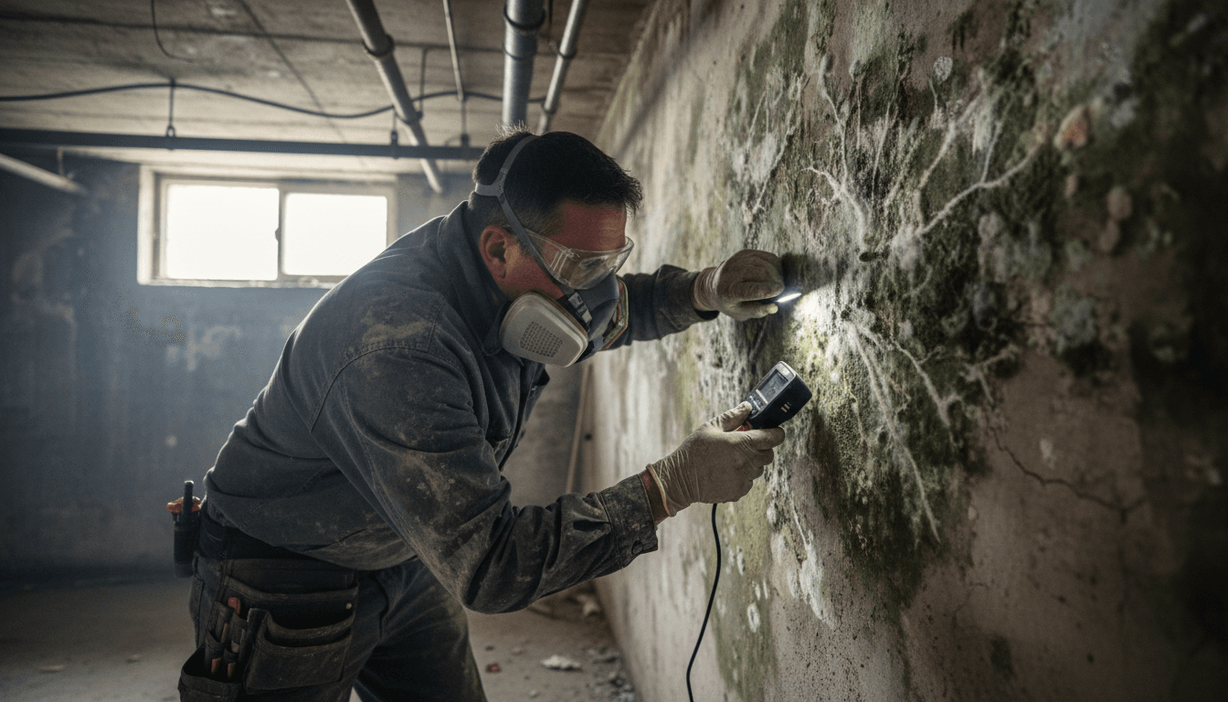 Mold growth on a floor and wall junction.