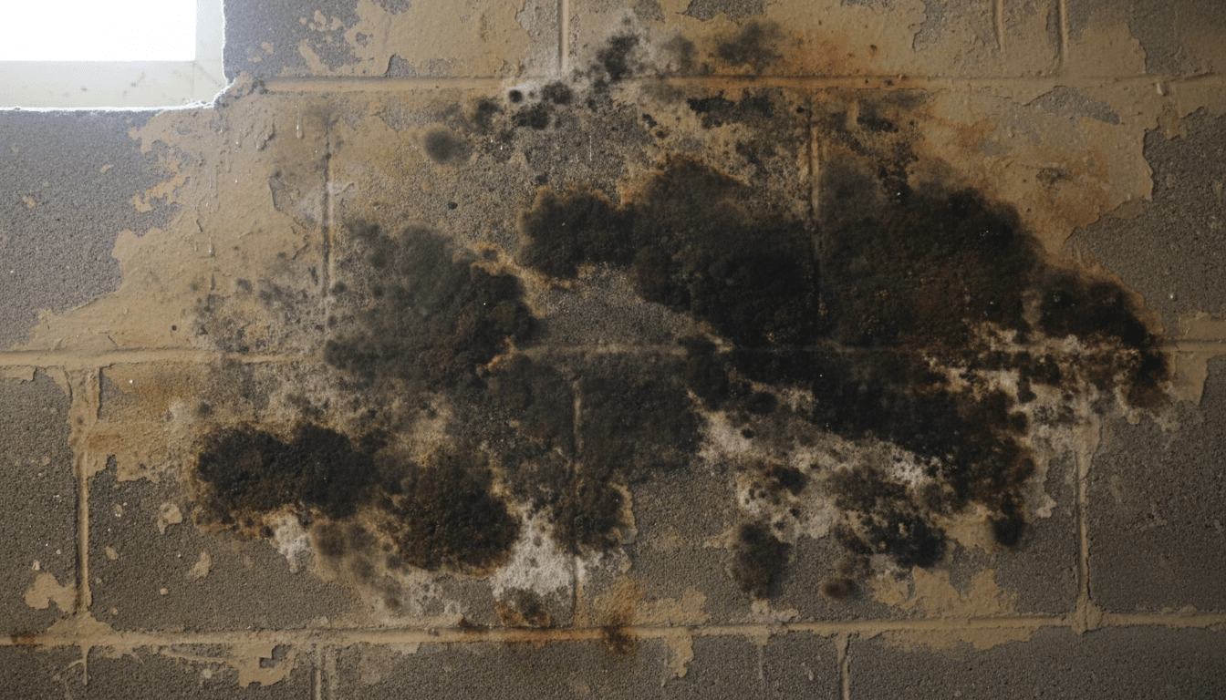Mold growth on a floor and wall junction.