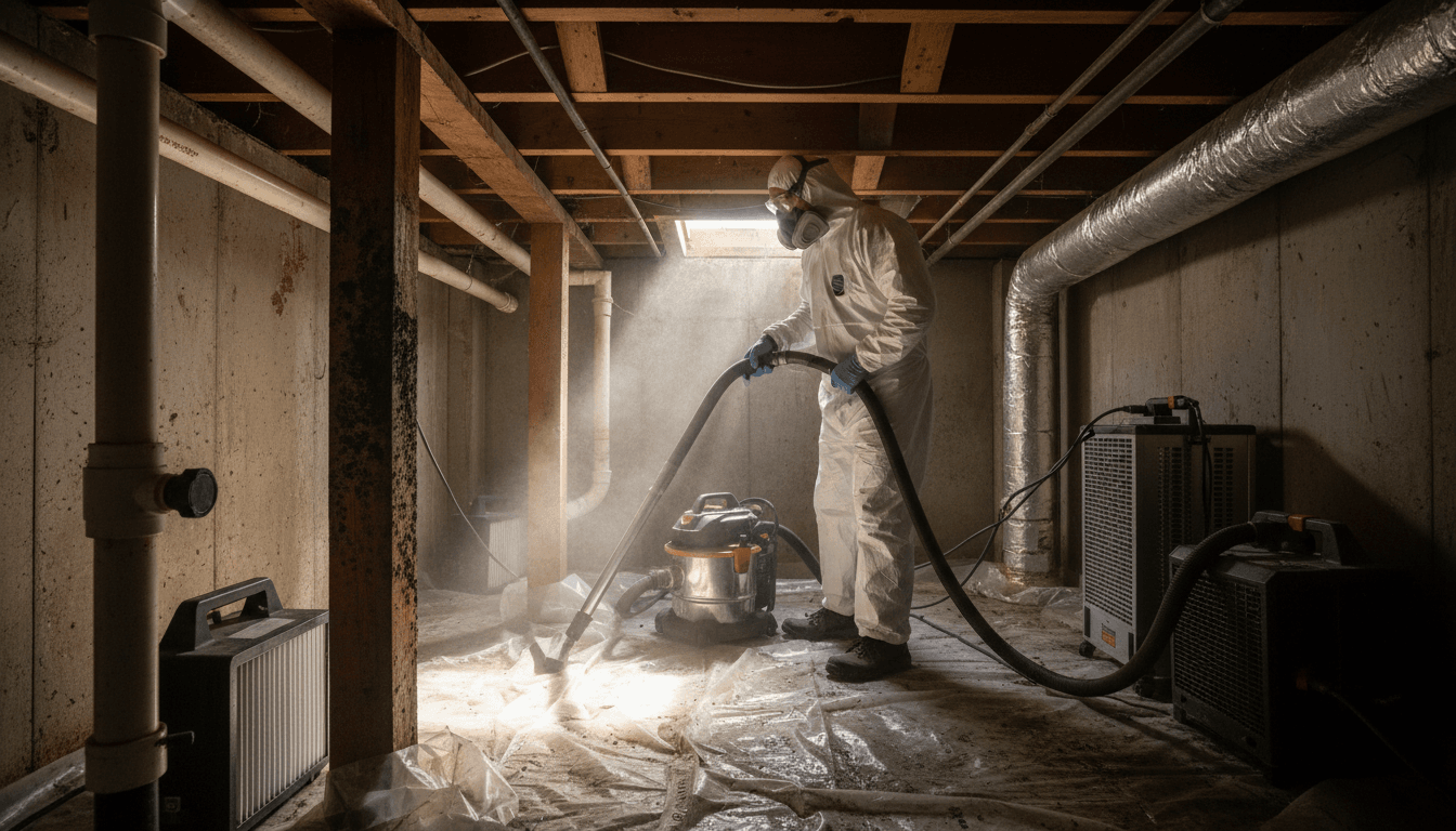 Mold growth on a floor and wall junction.