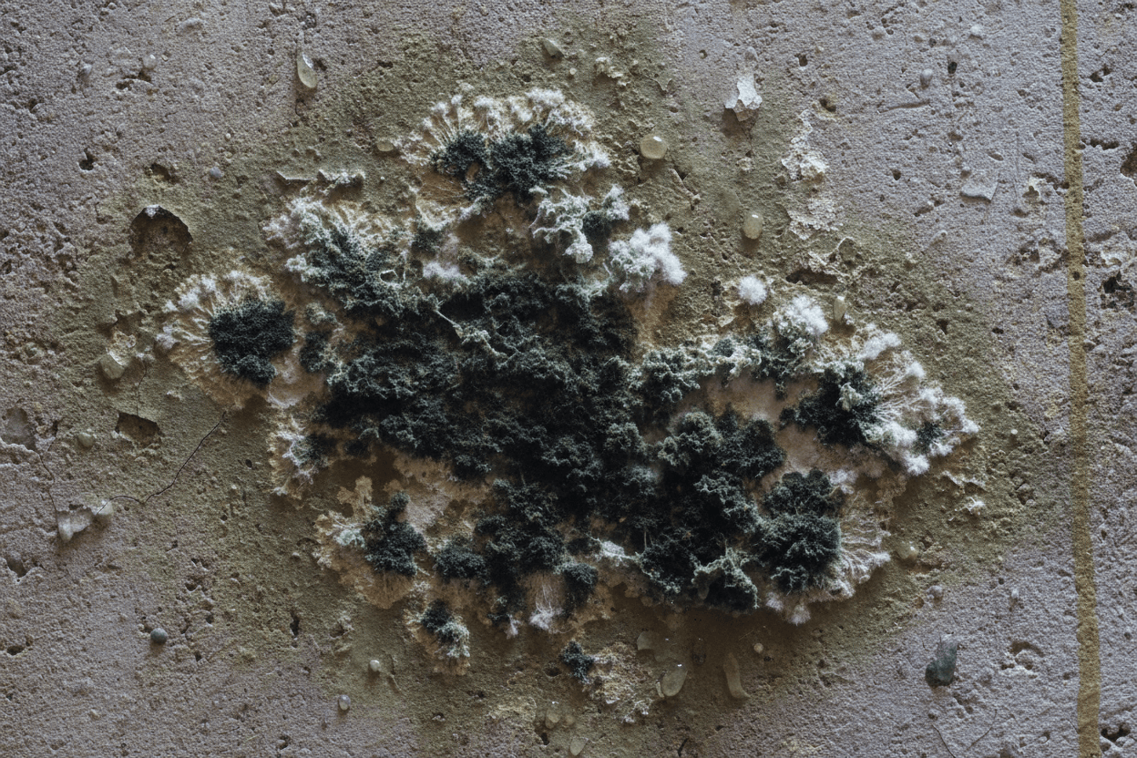 Mold growth on a floor and wall junction.